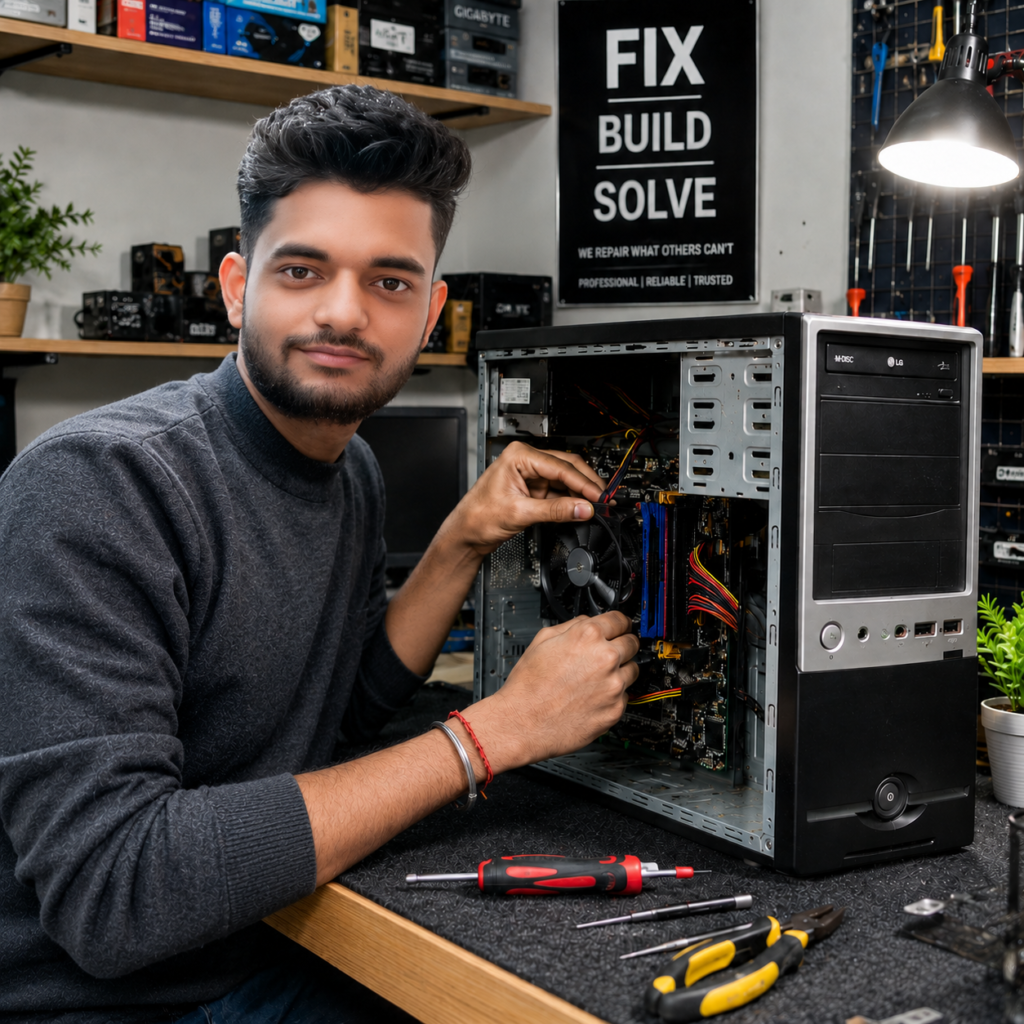 Technician repairing a desktop computer with professional tools