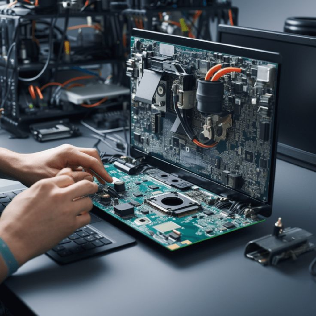 Technician repairing a laptop motherboard and hardware components