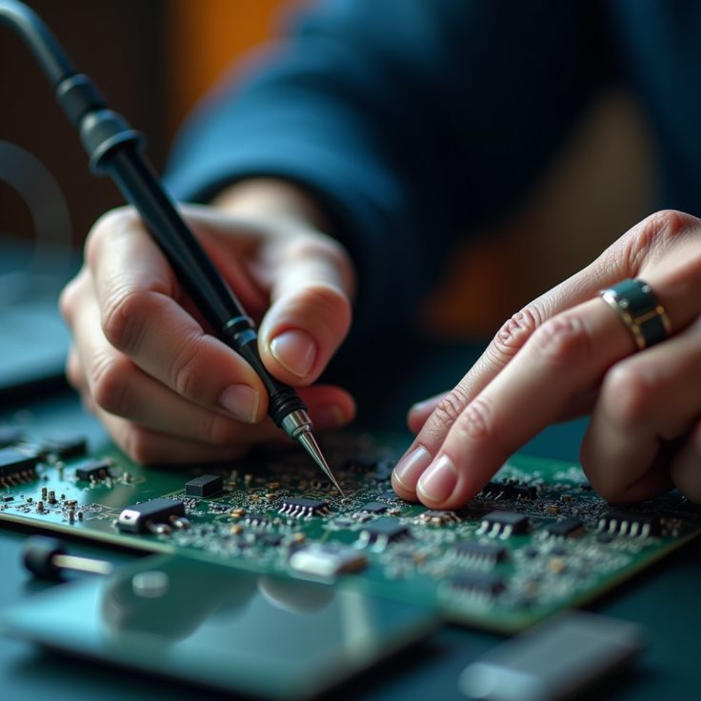 Technician repairing an electronic circuit board with precision tools