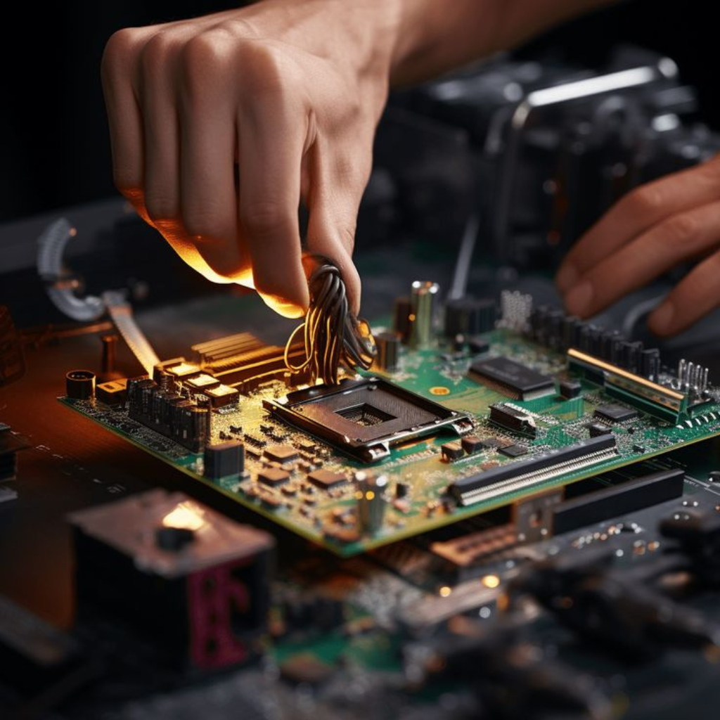 Technician repairing a desktop motherboard with professional tools