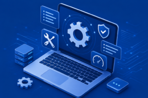 Laptop support and repair service illustration with gear icon, security shield, and maintenance tools