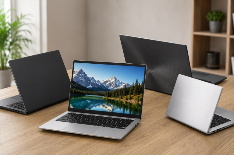 Refurbished and used laptops for sale with multiple laptop models on display