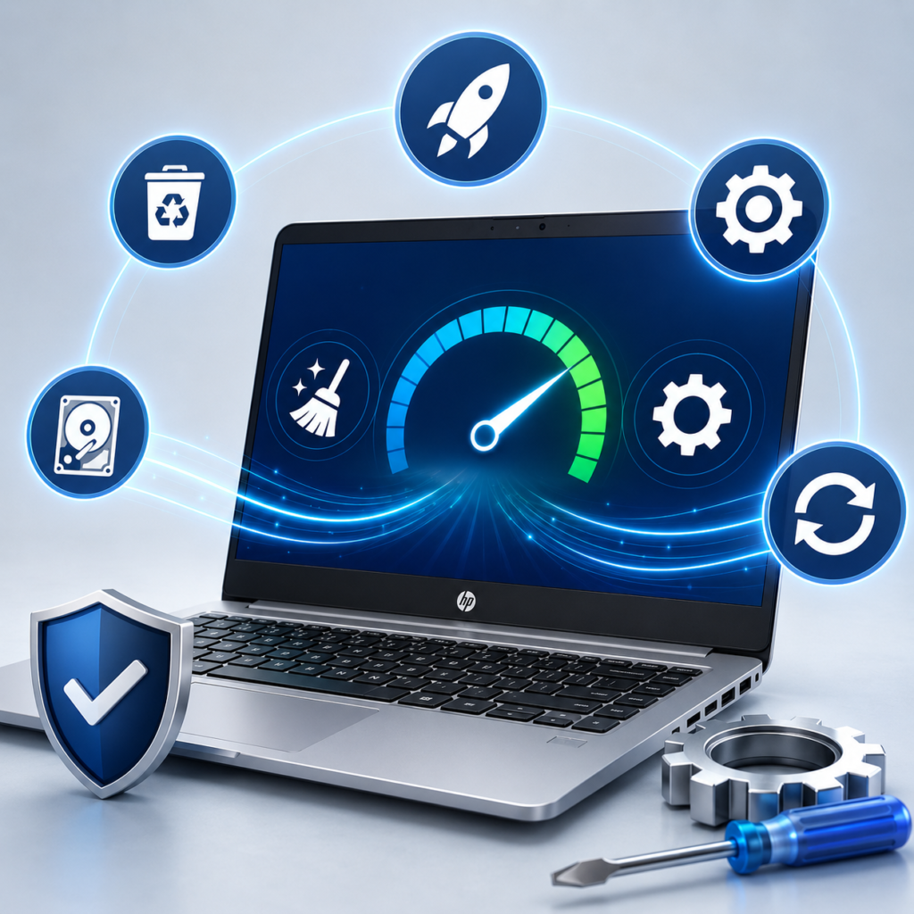 HP laptop maintenance service showing performance optimization, system cleanup, driver updates, storage management, and security enhancement.