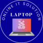 Online IT Solution computer Maintenance logo with laptop icon, repair tools, and gear symbol on blue background
